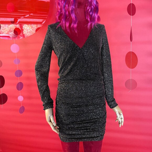 Express Metallic Sparkle Mini Dress – Long Sleeve Ruched Bodycon Wrap Style - Picture 1 of 12